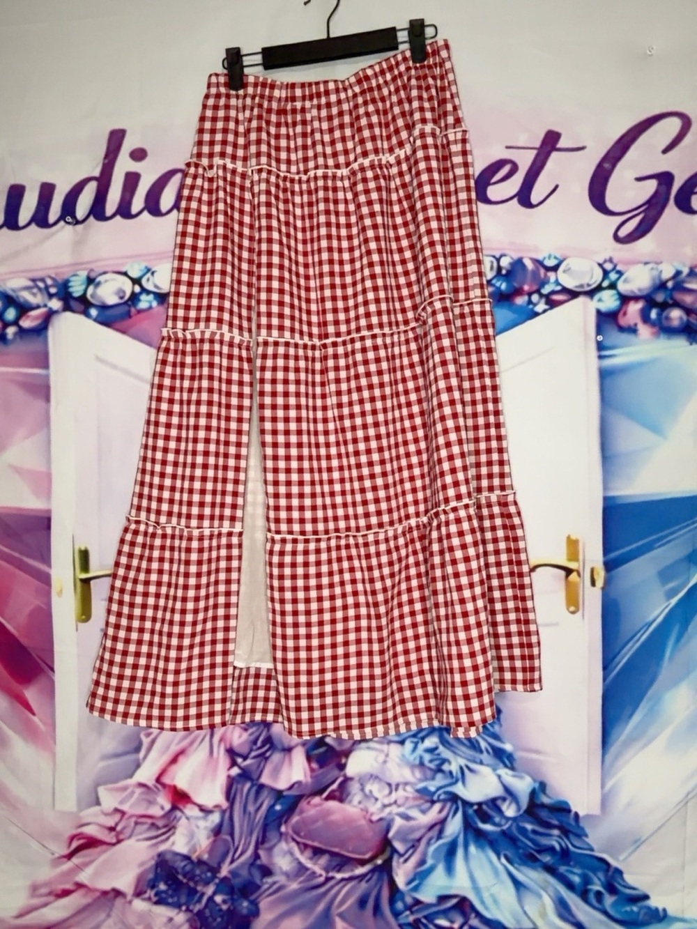 Edikted Red Gingham Tiered Maxi Skirt